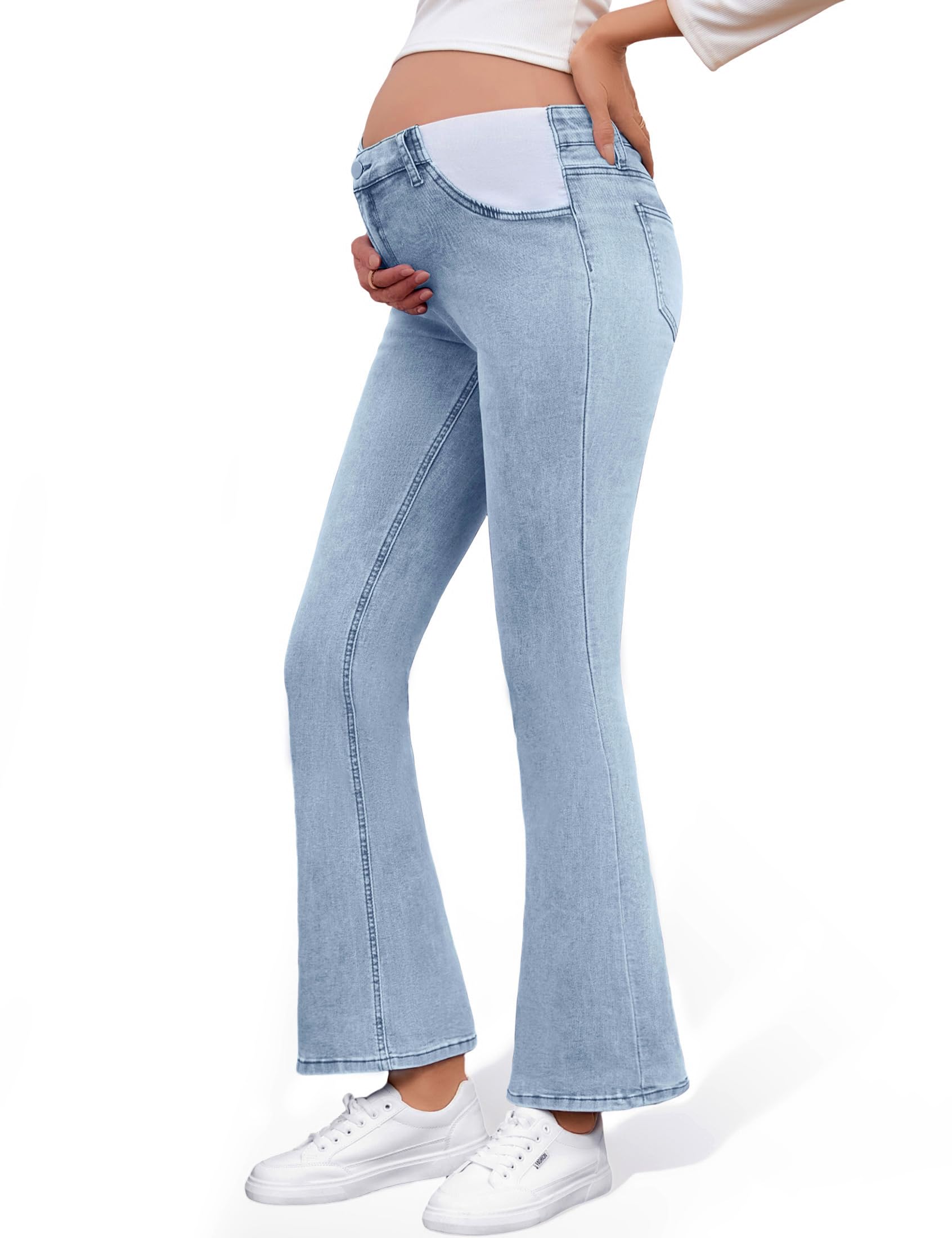 Jean de maternité pour femme - Jean de grossesse bootcut - Taille mi-haute - Pantalon de maternité évasé en denim avec poches