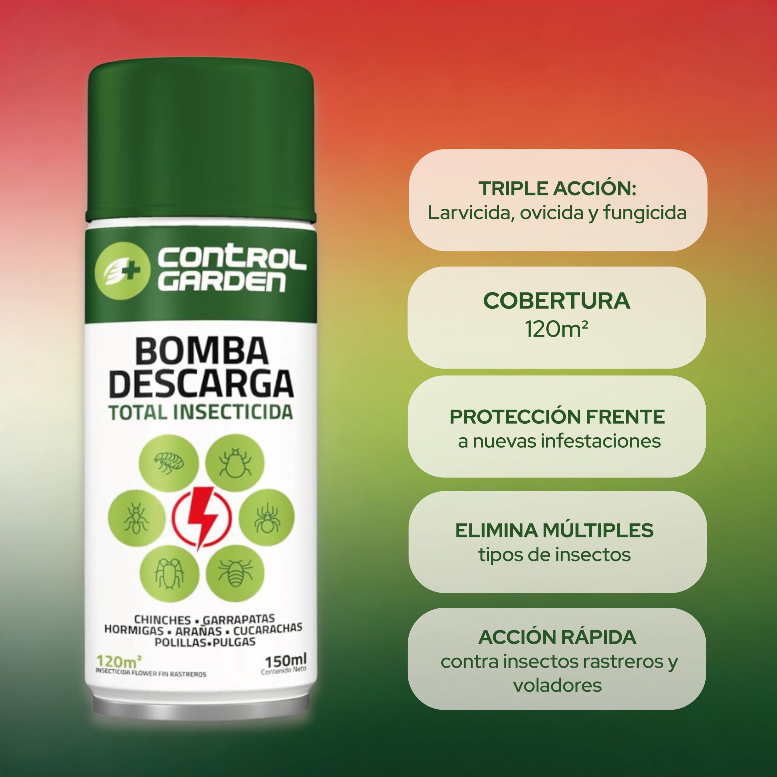 CONTROL GARDEN Pack 12 Insecticida Descarga Total 150 ML Interior y Exterior | Repelente Anti Insectos: Chinches, Ácaros, Hormigas, Arañas... | Fungicida Larvicida Ovicida Bomba de Humo Espacio 120 m2