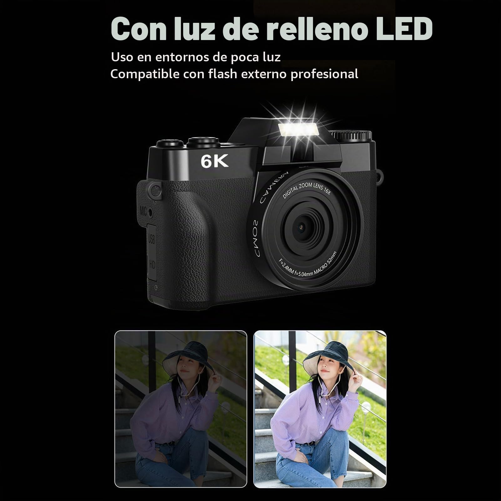 BuyWeek Cámara Digital 6K 64MP con WiFi, Cámara de Vlogging HD con Enfoque Automático y Zoom de 16X con Pantalla Abatible de 180 Grados de 3 Pulgadas, Selfie, Flash LED/luz de Relleno (Negra)