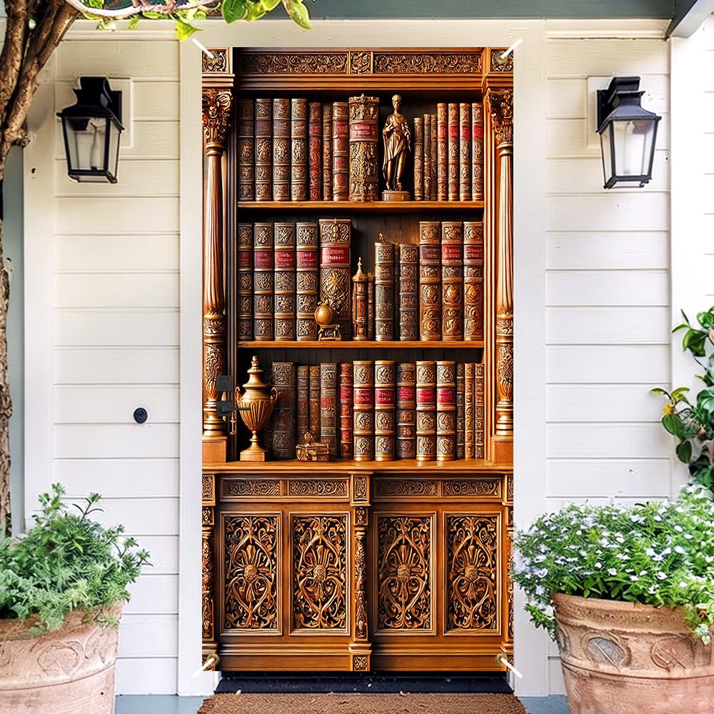 Vintage Library Bookshelf Door Cover, Antique Books Faux Bookcase Door Decorations, Polyester Dark Academia Door Banner Indoor Outdoor 35.43 x 70.87 Inch