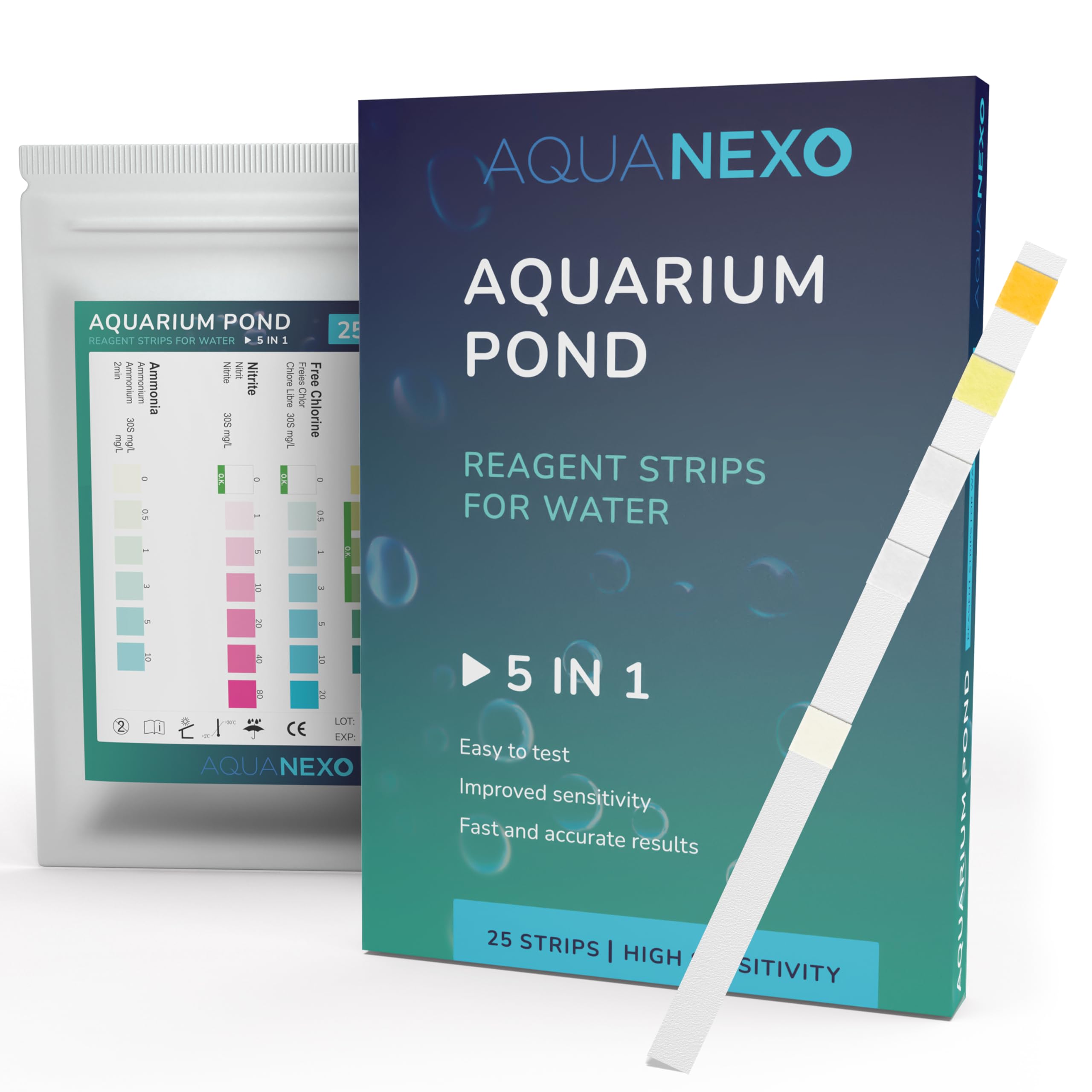 AQUANEXO 25x or 100x Water Test Aquarium 5in1, Aquarium Test Strips, Aquarium Accessories, Water Analysis for Keeping Fish in Aquariums or Ponds, pH Test Strips, Carbonate, Chlorine (25)