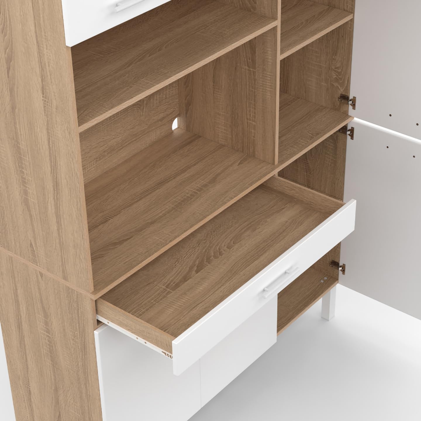 IDMarket - Aparador de cocina CINA con mueble de 120 CM, 6 puertas + cajón, acabado haya y blanco