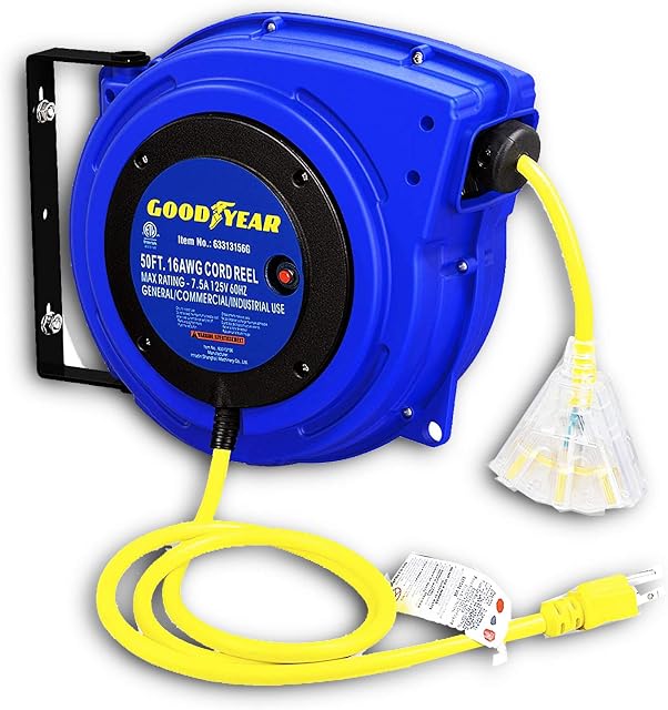 GOODYEAR Heavy Duty Extension Cord Reel, 40 ft, 3C SJTOW, Triple Tap with LED Lighted Connector (16 AWG)