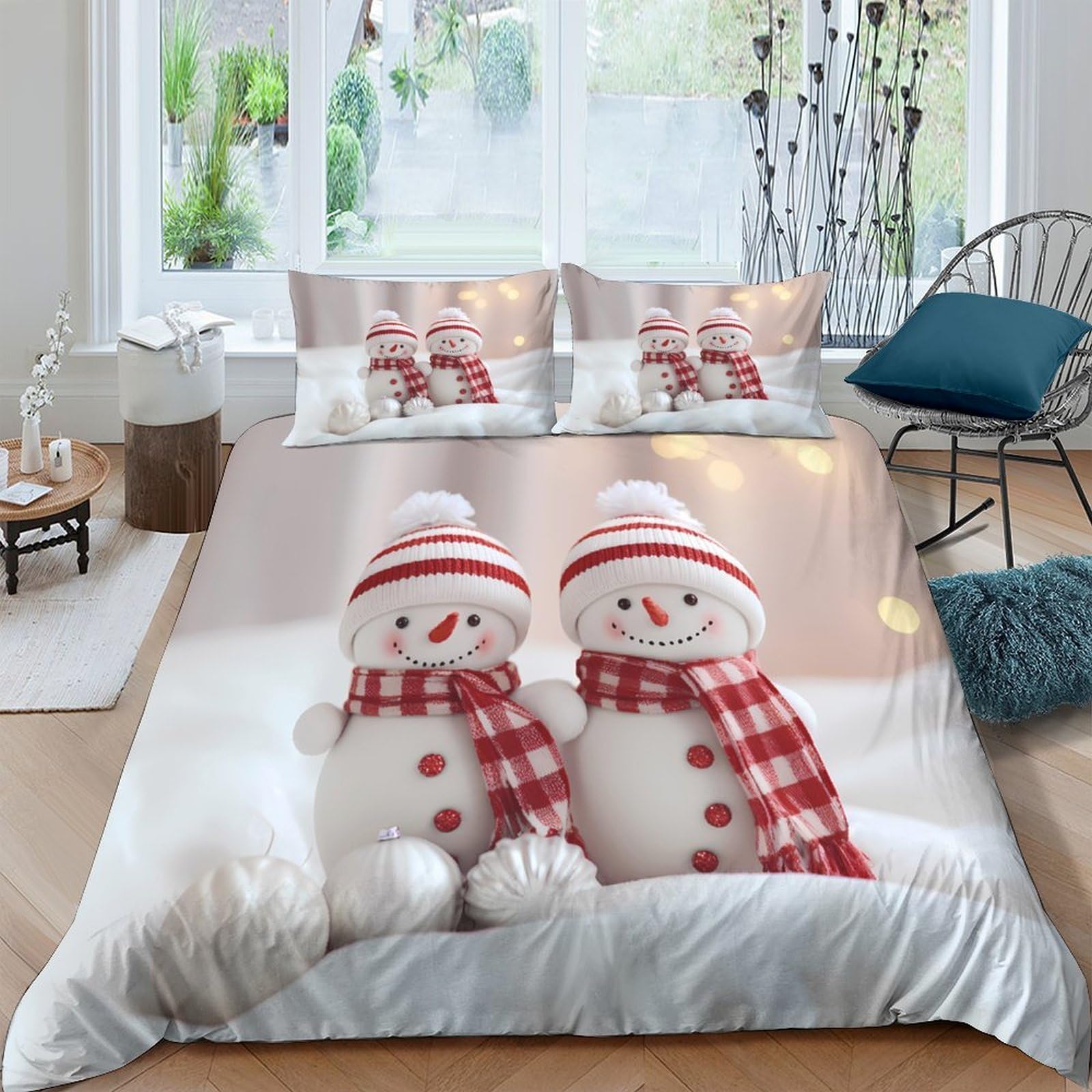 GPLZQXKJNH 3D Printed Snowman Winter Duvet Cover Microfiber Soft Warm Christmas Bedroom Bedding Set with 2 Pillowcases, Single（135x200cm）