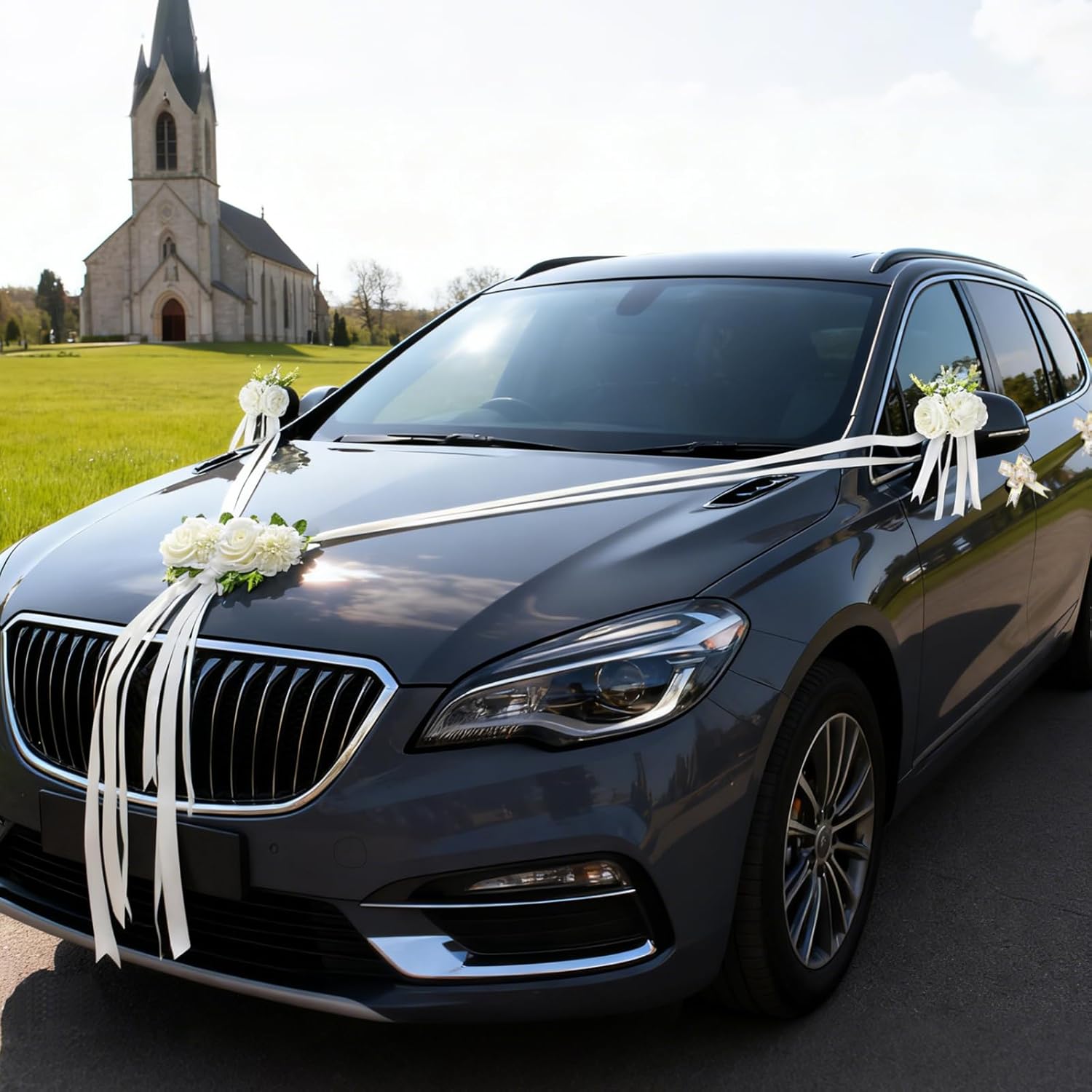 CusDusk White Wedding Car Decoration Kit – Floral Hood Arrangement, Side Mirror Flowers, Satin Ribbons & Door Handle Bows Tapes for Bridal Weddings Vehicles