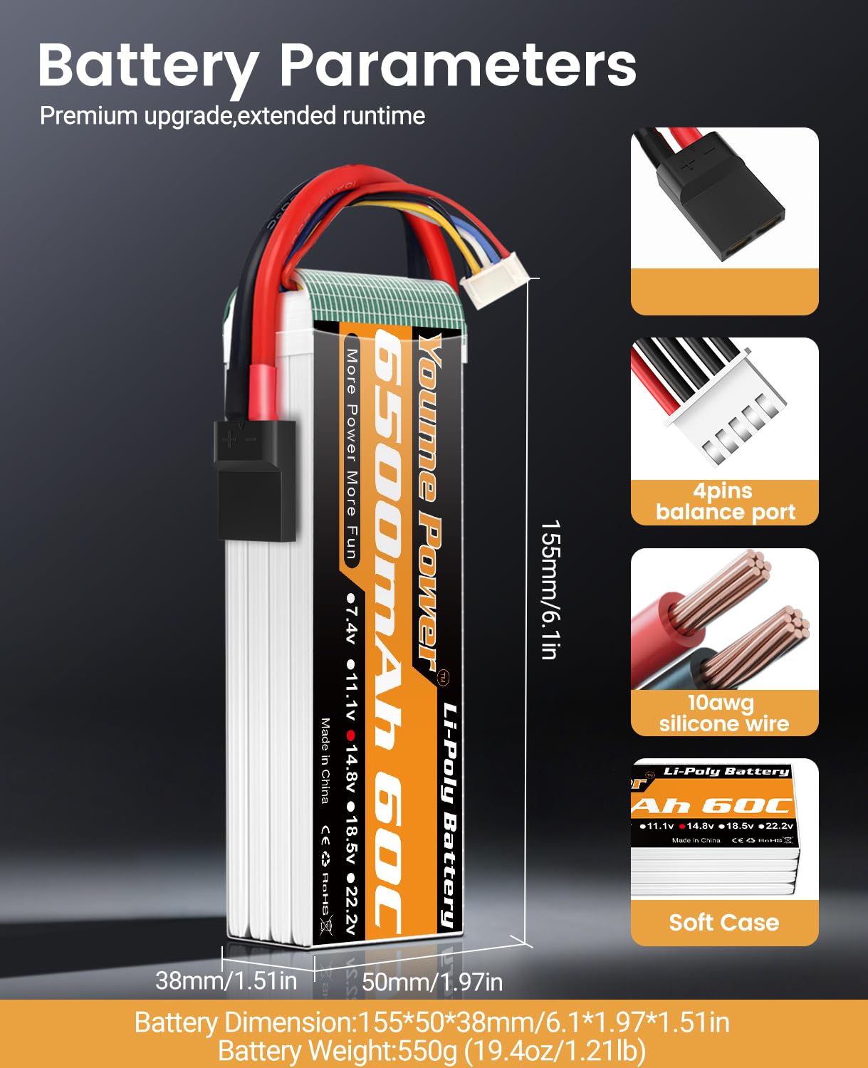 4S RC Lipo Batería 14.8V 6500mAh Lipo Batería 60C con conector Tr funda suave compatible con Maxx X-Maxx RC Buggy Truggy Crawler Monster Truck Vehículo Drone Helicóptero Avión (2 paquetes)