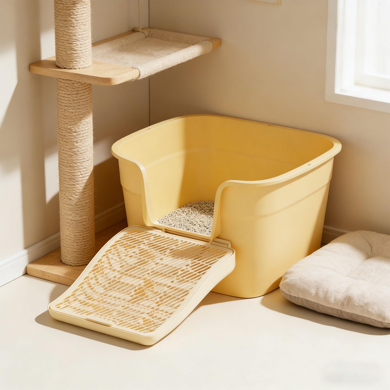 Asixxsix Tapis de Litière, Capteur de Litière pour Chat à Double Couche Anti-éclaboussures, Rampe de Marche avec Fonction de Filtre Lavable pour Chatons Chats âgés (Yellow)