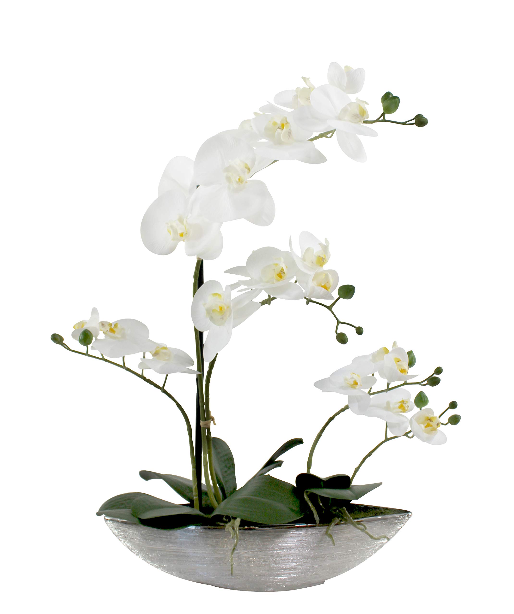DARO DEKO Kunst-Pflanze Orchidee Schiffchen Topf Silber glänzend und weiße Blüten 53cm hoch