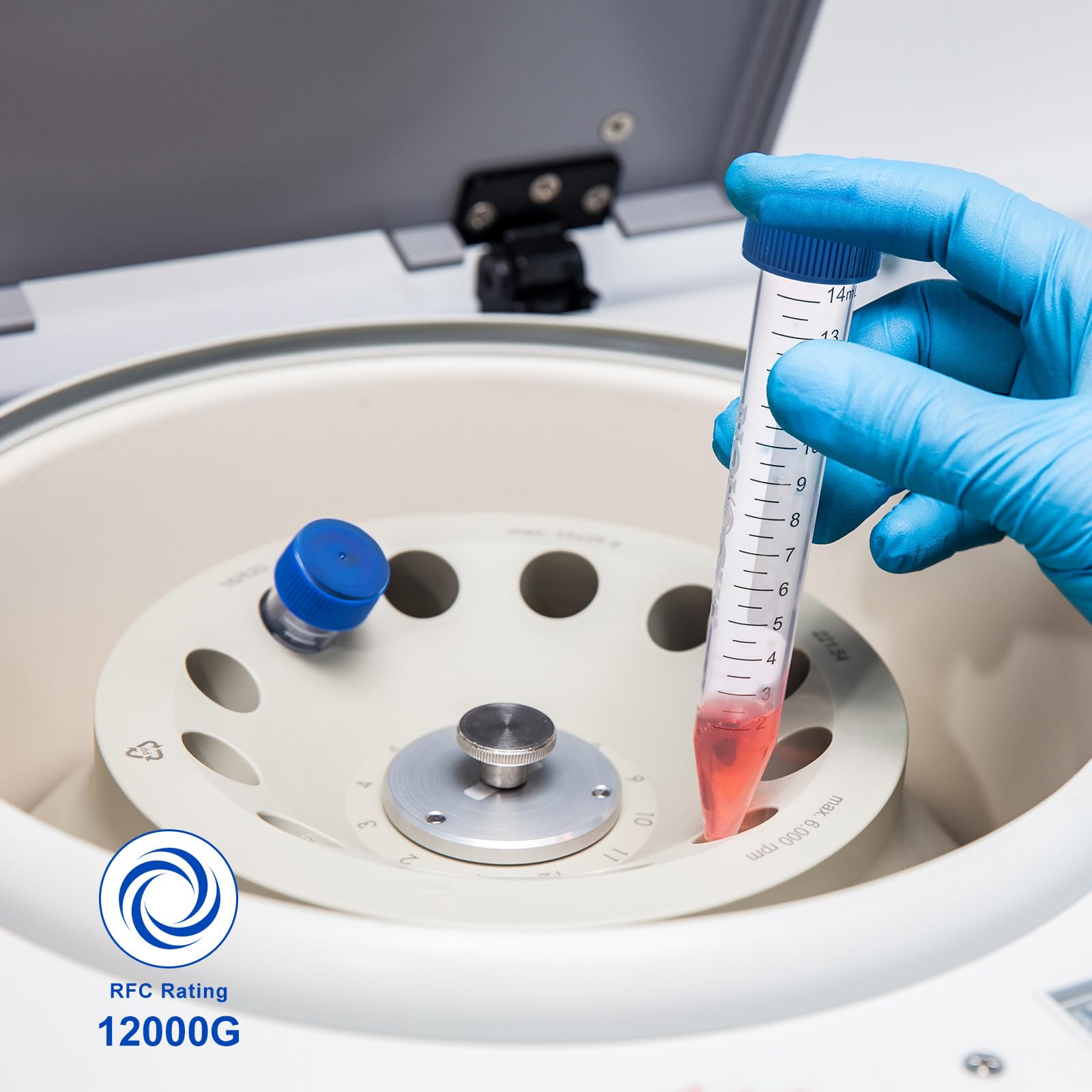 Provette coniche per centrifuga da 15 ml, 100 provette in polipropilene con tappi piatti in polietilene, 12000 RCF, contenitore in plastica con area graduata e scrittura, pacchetto rack, non pirogeno