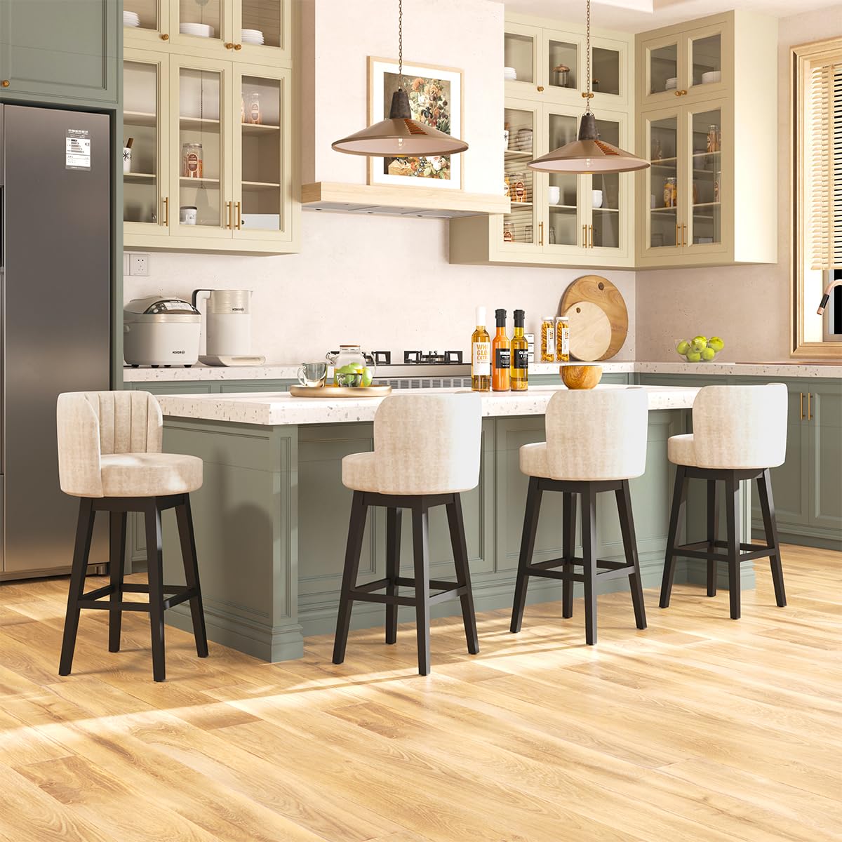 COCO DESIGN Swivel Bar Stools Set of 4, 30" Seat Height Mid Century Modern Bastools with Back, Bar Height Chairs with Velvet Upholstered Seat & Solid