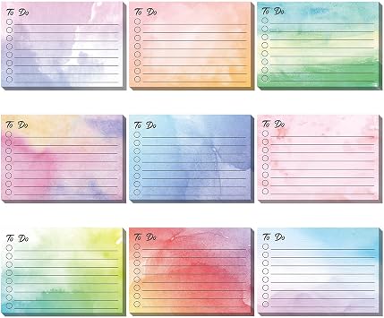 Pajean 9 Pcs/450 Sheet to Do List Sticky Note 3x4 Inch Self Stick Pads with Line Colored Planner Sticky Note Adhesive Memo for Office, Meeting, School, Study, Home Reminder Watercolor