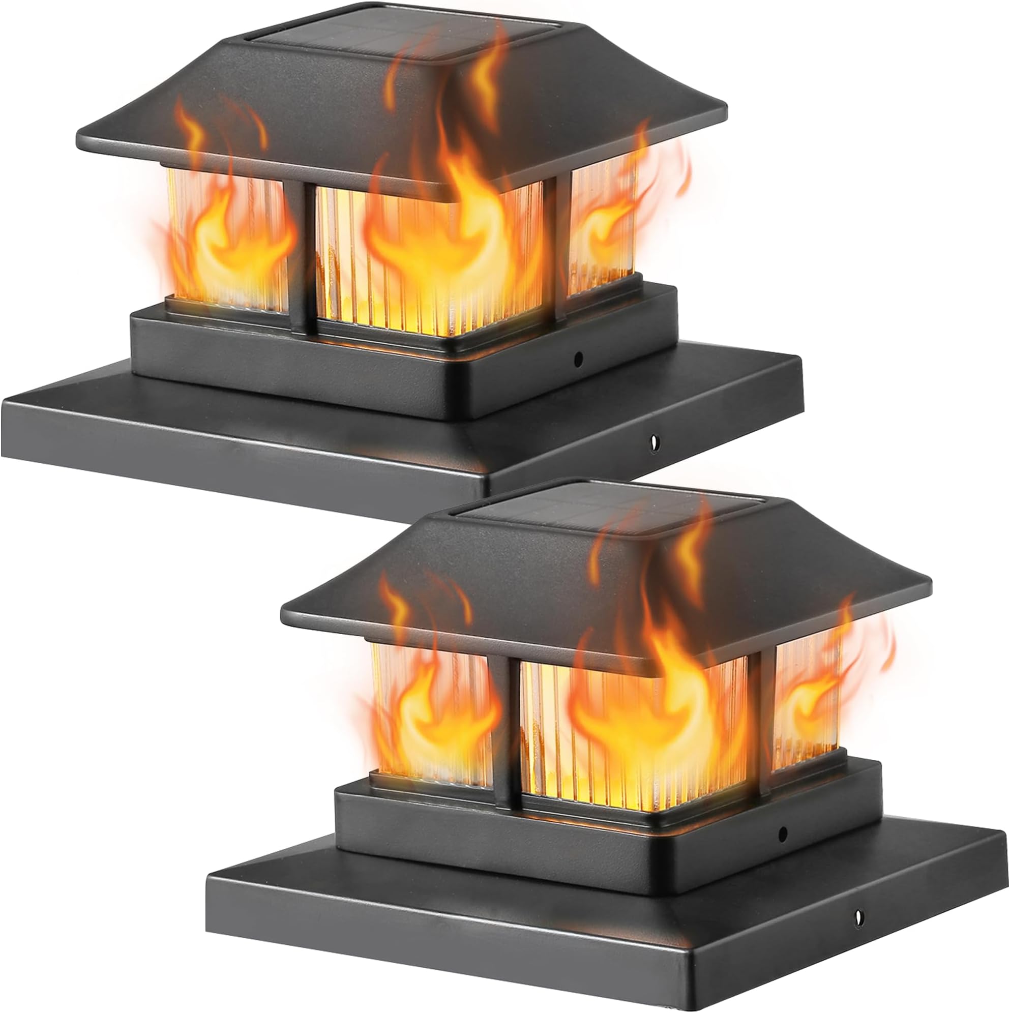 Dynaming Solar Flame Post Cap Lights Outdoor, Solar Powered Fence Post Light, Flickering Flame LED Lantern Lamps Waterproof for Garden Deck Patio, Fit 4x4 Wooden/Vinyl Posts, 2 Pack