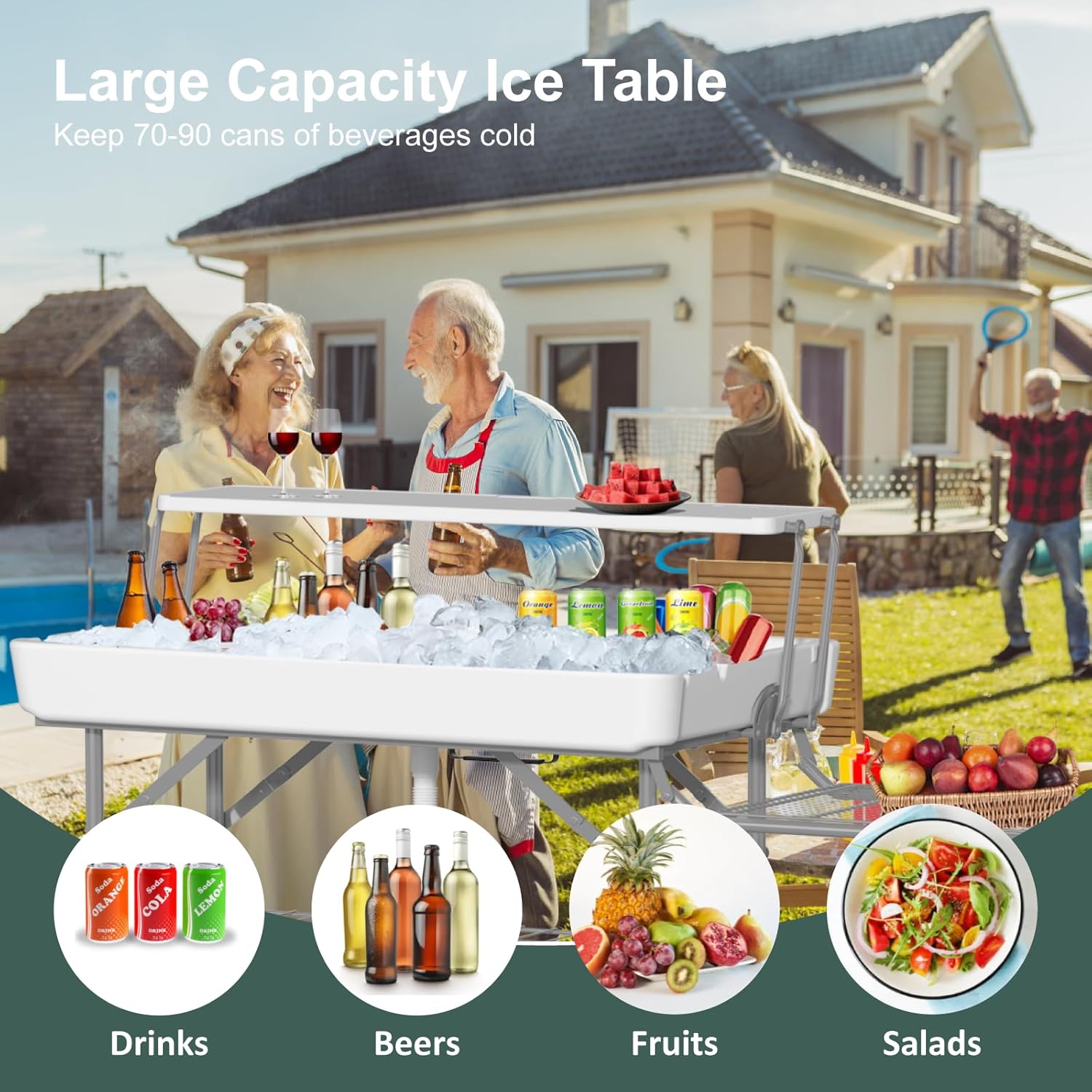 Two Tier Ice Cooler Table with Foldable Extension Stand, 4 Foot Outdoor Ice Table with Matching Skirt & Drain Hose, Folding Cooler Server with Metal Shelf for Party, BBQ, Camping Picnic, White