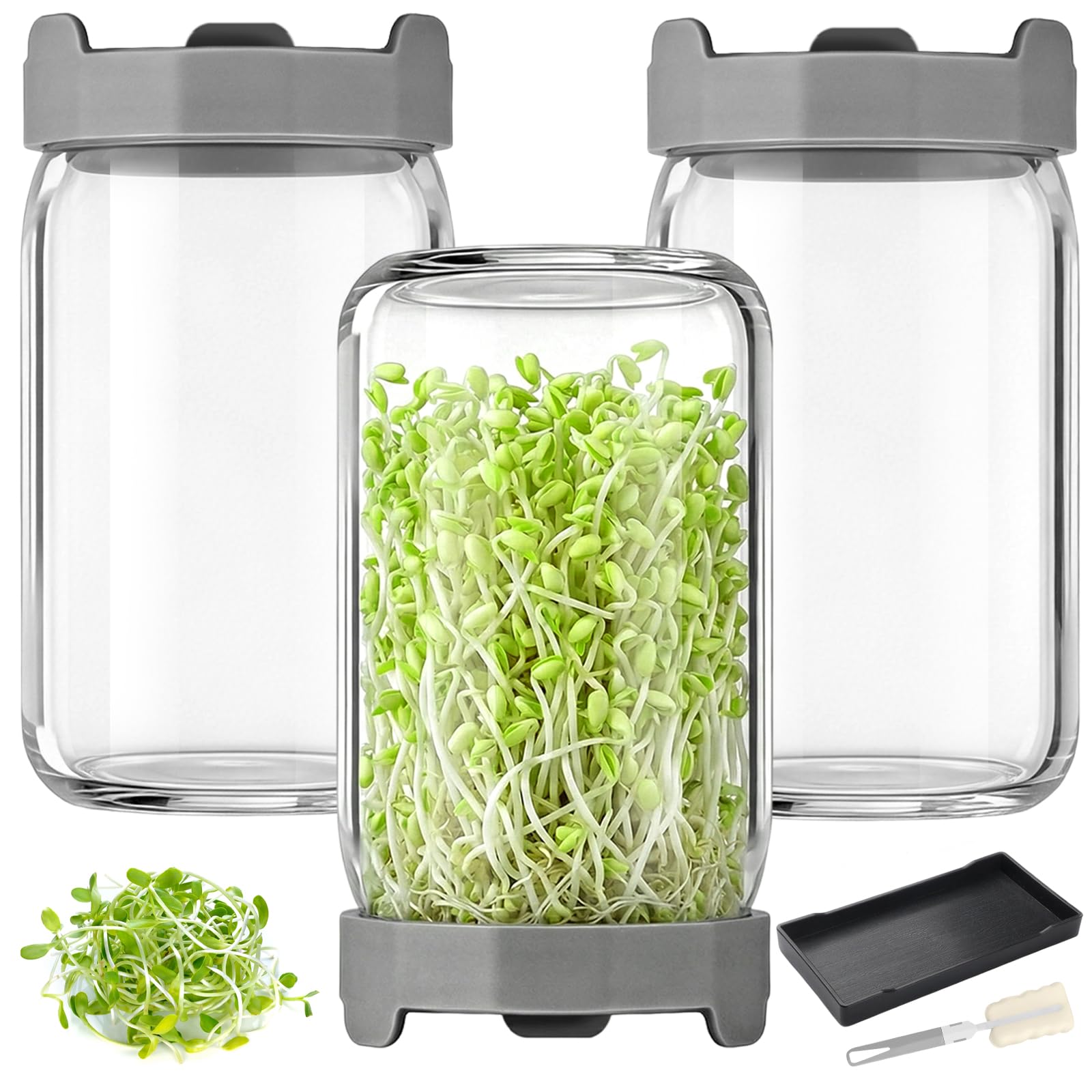 Bohoray 3PCS Sprouting Jar Kit, 900ml Wide Mouth Mason Jar for Microgreens, Growing Kit for Garden Germination, Includes Drip Tray and Cleaning Brush - Kitchen Gardening Supplies (Grey)