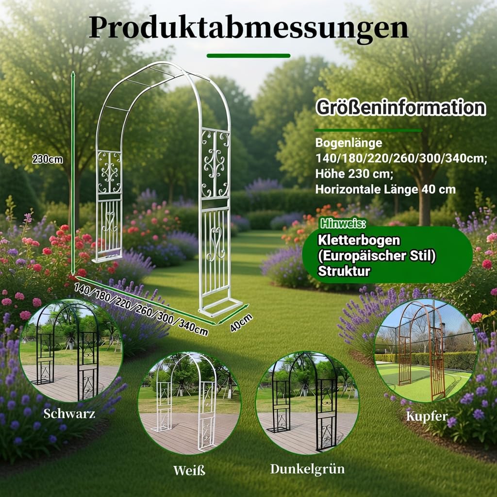Traubogen, Rosenbogen Gartenbogen aus Metall Starker Rankbogen für Kletterpflanzen, Deko für Hochzeit, Balkon & Garten, wetterfest für Indoor&Outdoor(White, 180x40x230cm)