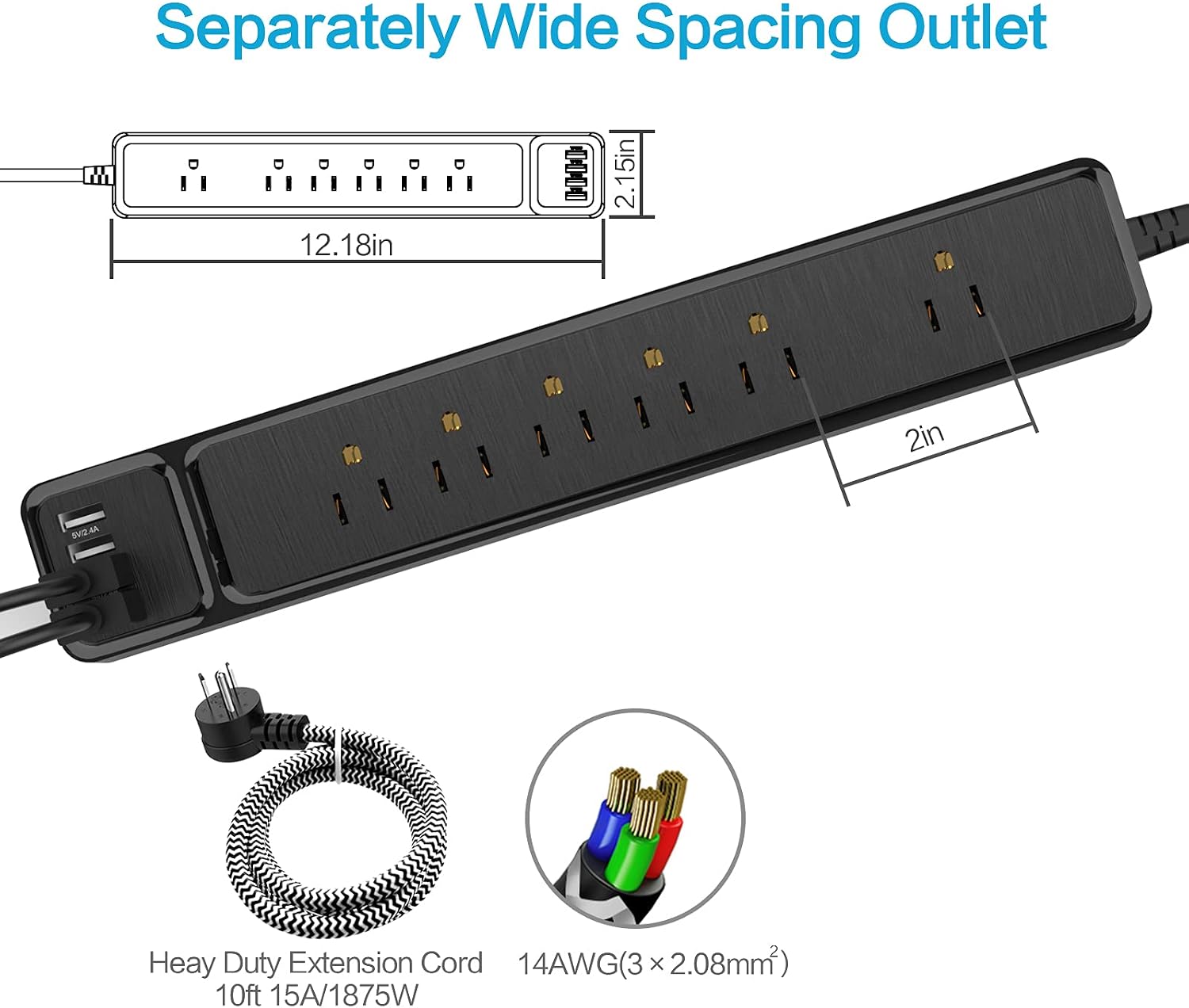 Power Strip, Surge Protector with 6 Outlets & 4 USB Charging Ports, 1250W/10A, Angled Flat Plug, Spaced Outlets & ETL Listed Power Outlet for Home Office (10ft, Black)