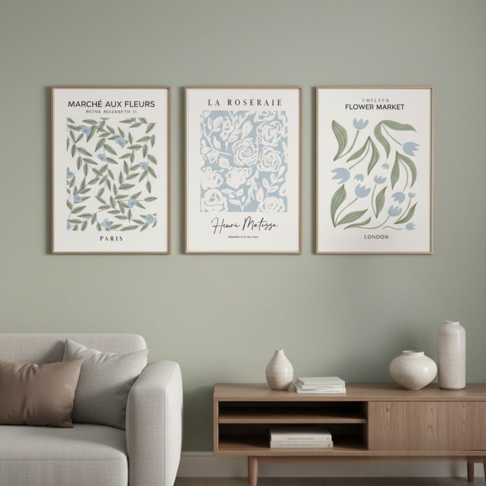 JORCEDI Set of 3 Posters, Stylish Floral Pictures,Matisse Wall Art Prints, Green and Blue Botanical Designs,Nordic Flower Market Decor, for Living Room, Bedroom, Unframed (30x40cm)