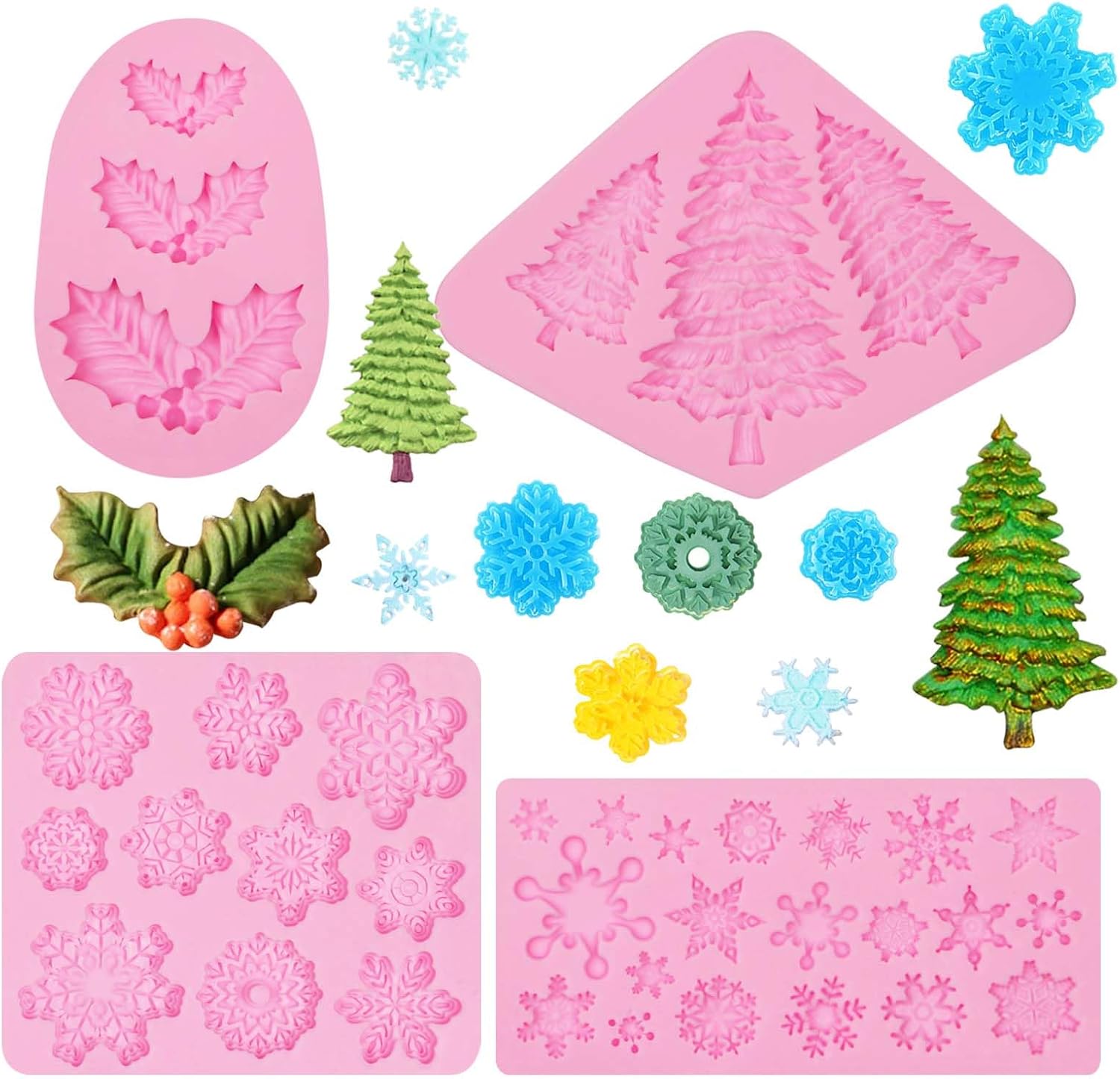 Mini Snowflake Silicone Molds 4 Packs Holly Leaves Christmas Trees Fondant Molds for Christmas Cake Decorating Cupcake Toppers Soap Candy Chocolate Sugar Clay