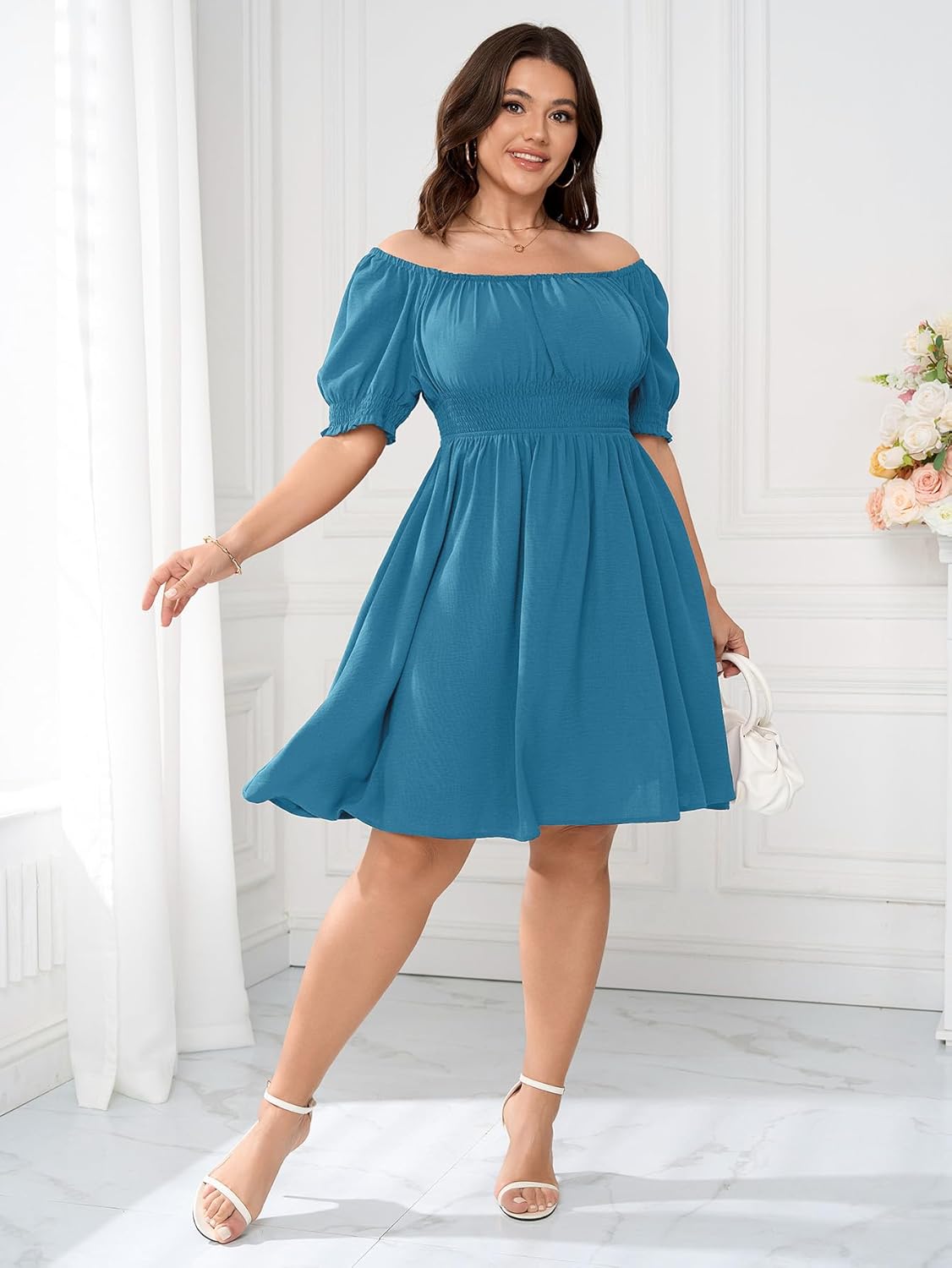Women Plus Size Square Neck Mini Dress Puff Sleeve Smocked Flowy A-Line Boho Casual Short Dresses - Image 3