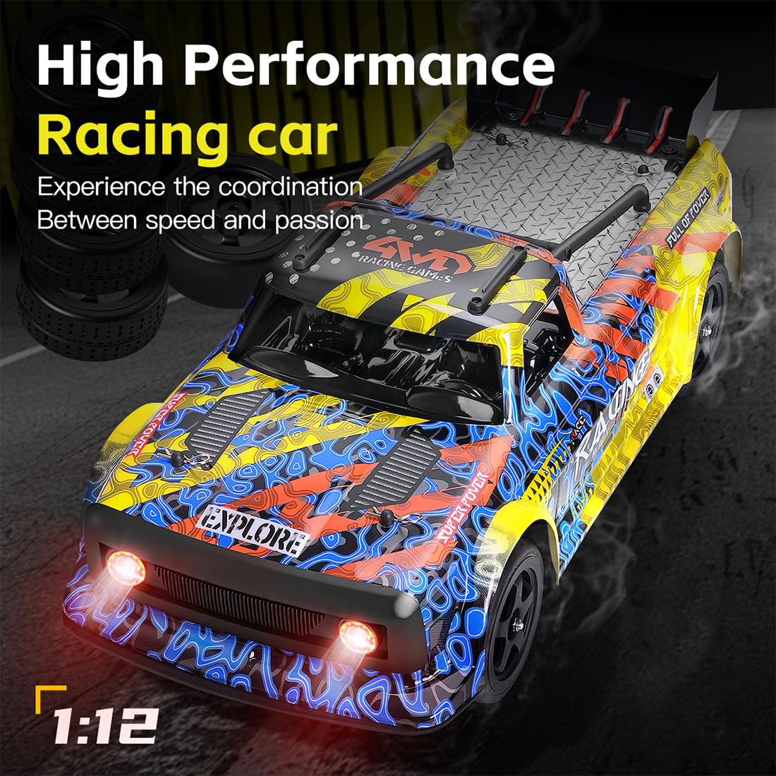 WLtoys 124020 RC Drift Car 1:12, velocità massima 60 km/h, trazione integrale 2,4 GHz, motore brushless, ammortizzatore in metallo, illuminazione a LED (rosso e giallo)