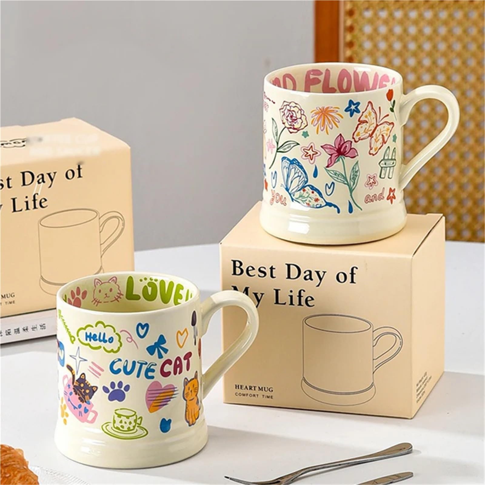 Tazas con Estampado de Flores, 2 uds., 370ml, Taza de café Creativa, Taza for Beber, Desayuno, Leche, Zumo, Grafiti Bonito, Taza de Agua for el hogar para Café y Leche