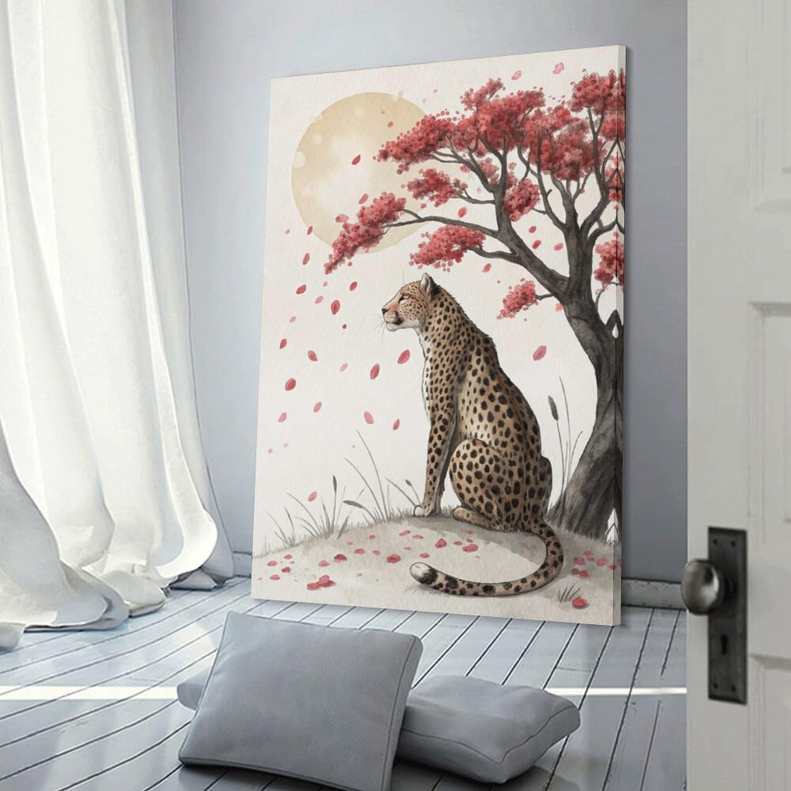 Junmoney Cheetah Under A Cherry Blossom Tree Canvas Wall Decor 20x30inch(50x75cm), for Corridors, Hallways Or Apartment Entries, A Stylish Accent for Home Entrances
