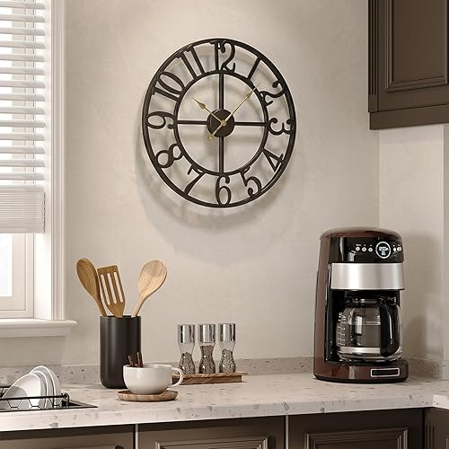 Miniatura 2 de Reloj de pared negro de 16 pulgadas decorativo, moderno reloj de metal para sala de estar, funciona con pilas, silencioso, sin tictac, números