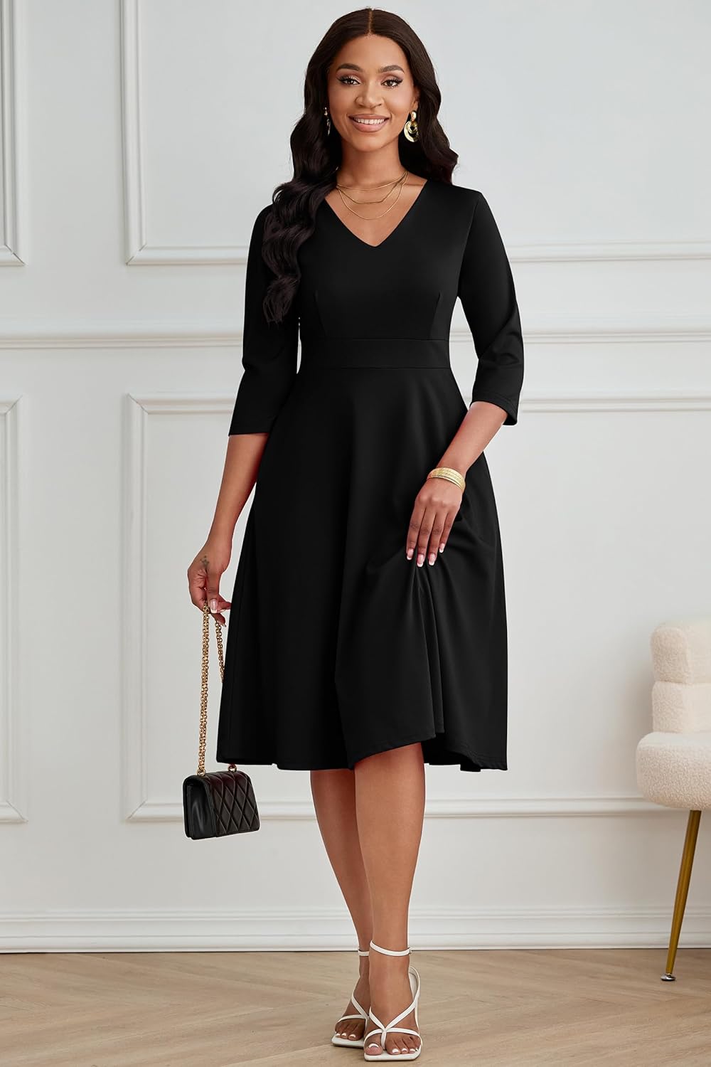 CLOCOR Casual Dresses for Women Semi Formal Fit and Flare Dress A-Line V-Neck 3/4 Sleeve Church Dresses with Pockets - Image 4