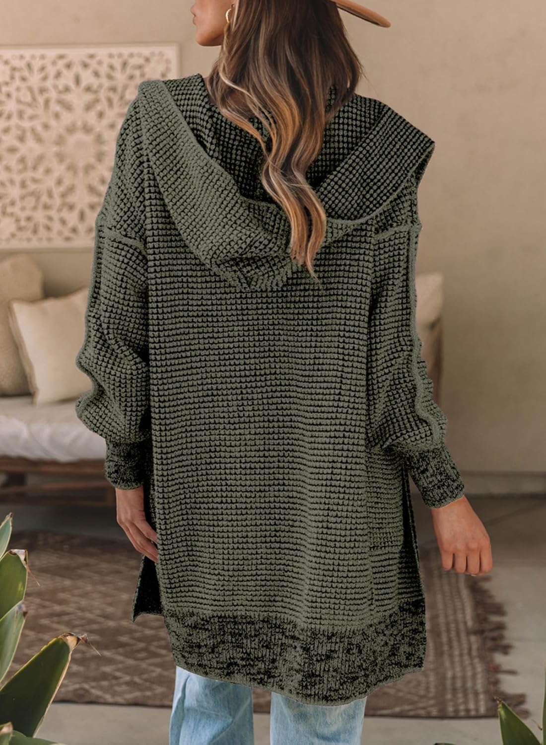 Sidefeel Women's Cardigan Sweaters Hooded Oversized Open Front Chunky Knit Plaid Sweater Coat Fall Fashion Tops - Image 4