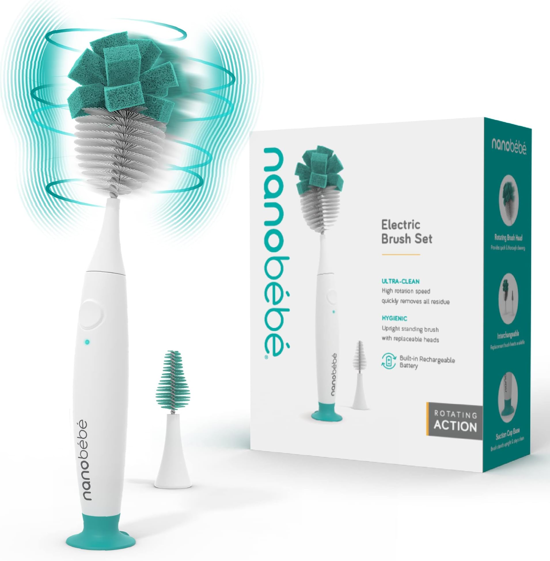 Nanobebe E-Brush Baby Bottle Cleaner - Electric Bottle Cleaning Brush, Baby Accessories, and Sippy Cups - Rechargeable, Includes Replaceable Brush Head
