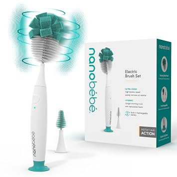 Nanobebe Electric Bottle Brush Cleaner Baby Bottle Brush Electric Scrubber for Cleaning Brush for Baby Bottles - Rechargeable, Includes Replaceable Brush Head