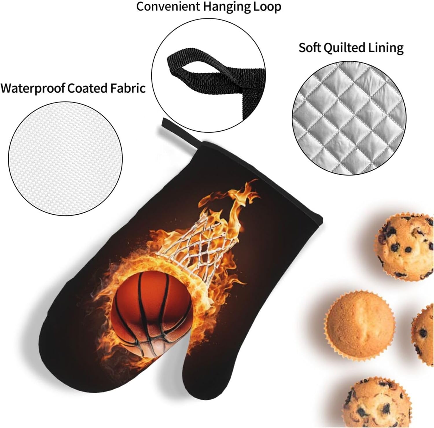 (Basketball) Baking 4-Piece Set: 2 Oven Mitts and 2 Pot Holders Heat Resistant Waterproof Hanging Loop for Kitchen Oven Grill Housewarming Gifts