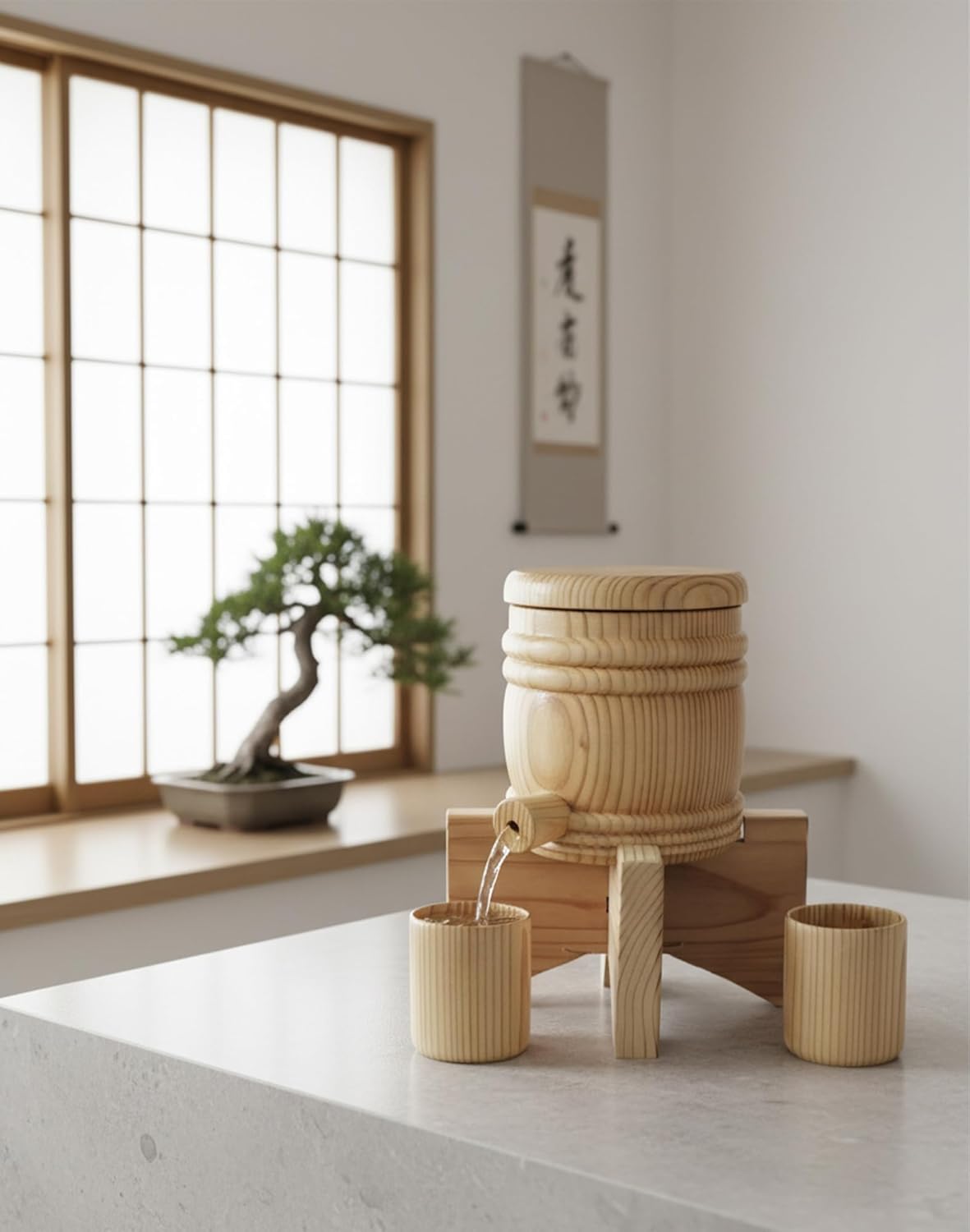 Japanese Wooden Sake Dispenser and Cups Set - Handmade in Japan