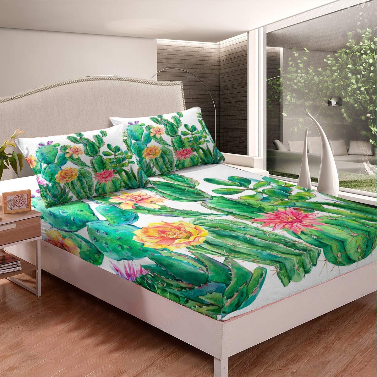 Loussiesd Set di biancheria da letto con angoli stampati, floreale botanico, set di biancheria da letto con piante verdi, set di lenzuola per ragazze e donne, leggera, esotica a naturale,