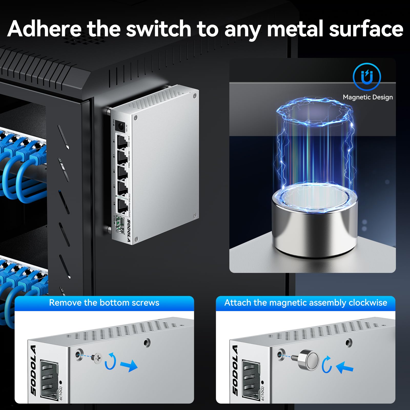 SODOLA Switch gestito a 5 porte da 2,5 GB, 5 porte 2,5 G Base-T, 1 SFP+ da 10 G, raffreddamento in lega di alluminio e montaggio magnetico - Switch di rete Web 2.5G LACP/QoS/VLAN/IGMP per Homelab