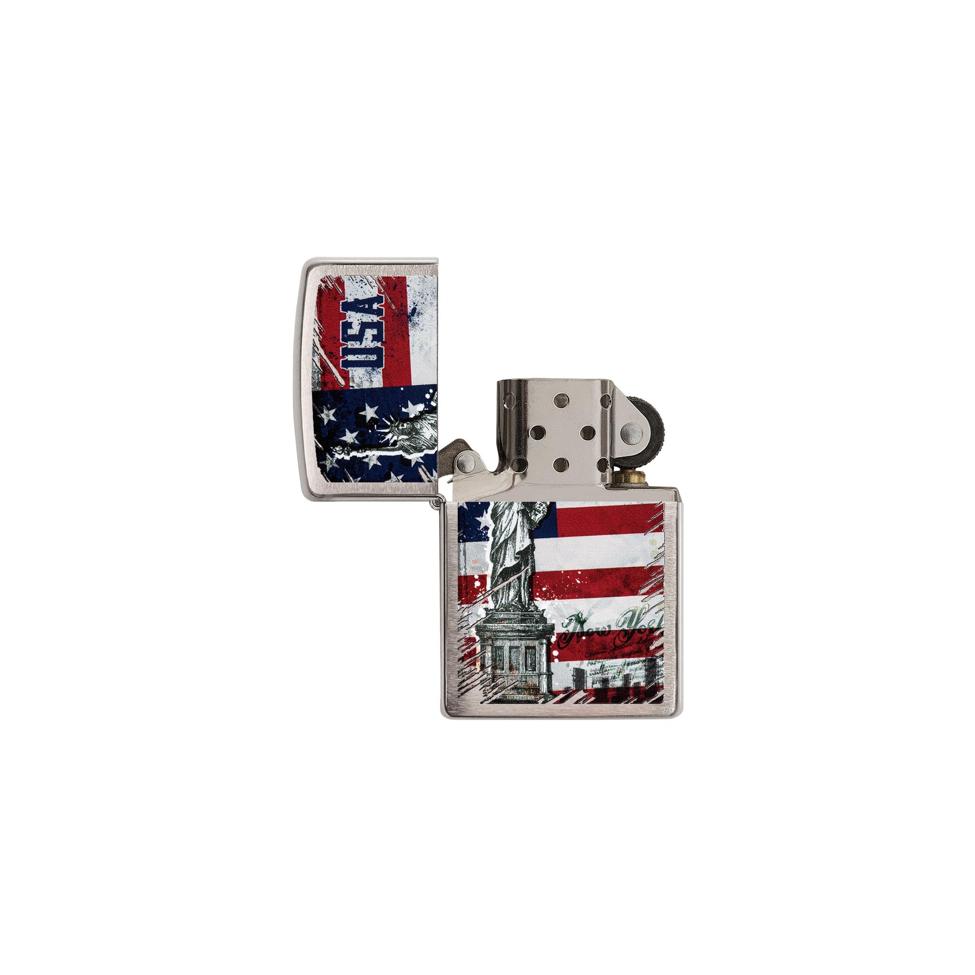 Zippo Briquet Tempête - Statue de la Liberté Drapeau - Chrome Brossé avec Color Image - Rechargeable - Réutilisable - Design Coupe-Vent - Coffret Cadeau Fabriqué aux États-Unis