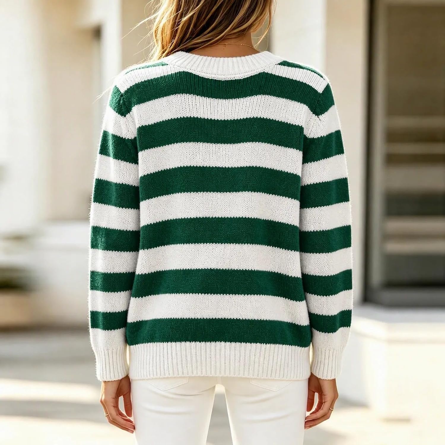 Womens Sweaters Cute Striped Crew Neck Loose Pullover Tops
