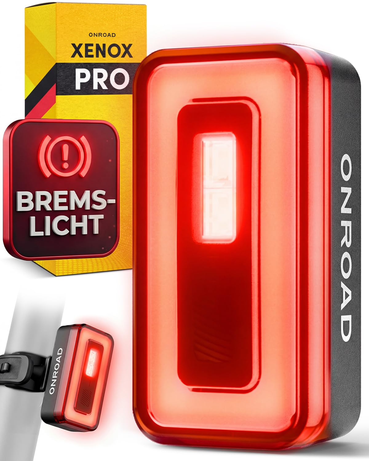 LED Fahrrad Rücklicht XENOX mit Bremslicht & Notbremsfunktion - Rücklicht Fahrrad 650m Sichtweite und 270° Seiten-Sichtbarkeit für Kreuzungen, USB-C Akku hinten, werkzeugfreie Montage