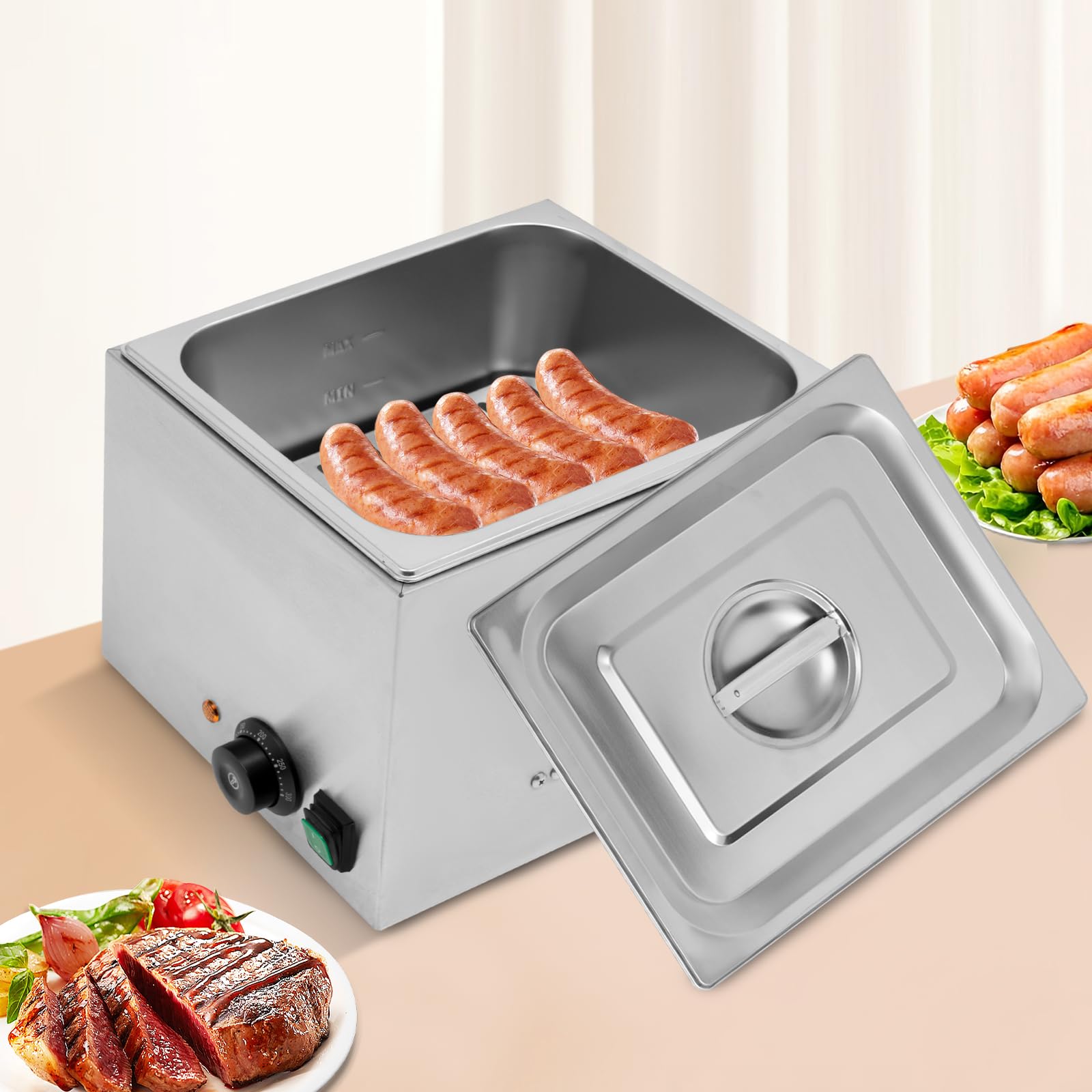Calentador eléctrico de salchichas de acero inoxidable, calentador de salchichas comercial, 1300 W, 220 V/50 Hz, rango de temperatura 50-300 ℃, aproximadamente 10 min, capacidad 10 l