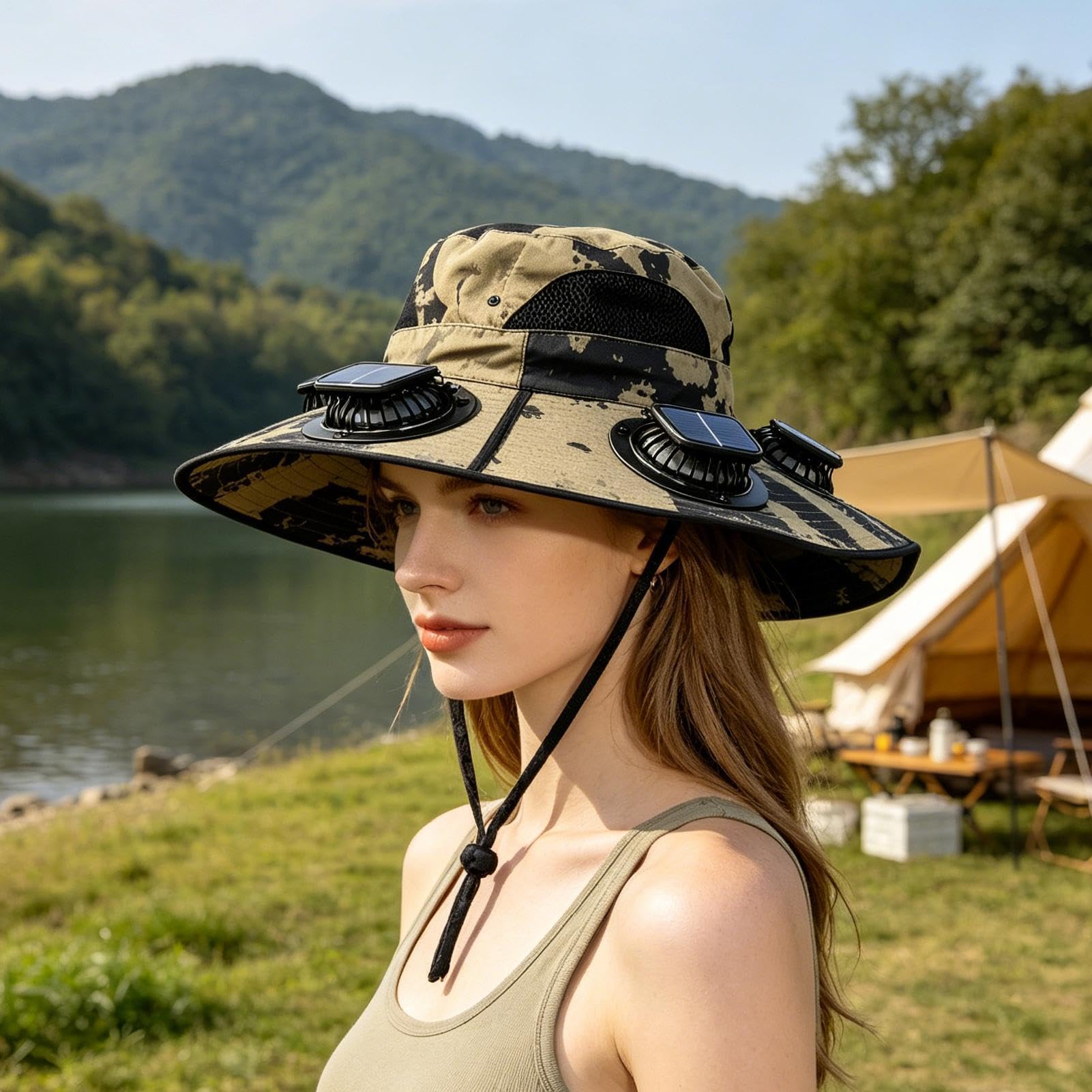 Générique Sonnenhut mit Ventilator, atmungsaktiv, 3 Geschwindigkeitsstufen, breiter Rand, verstärkt durch Metalldraht, belüftet, Solarhut – ideal für Wandern, Angeln, Camping