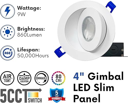 Miniatura 4 de RS - Luz LED empotrable de 4 pulgadas, 5CCT, cardán ocular, 9 W, hasta 860 lm, regulable, clasificación IC, 2700K-3000K-3500K-4000K-5000K