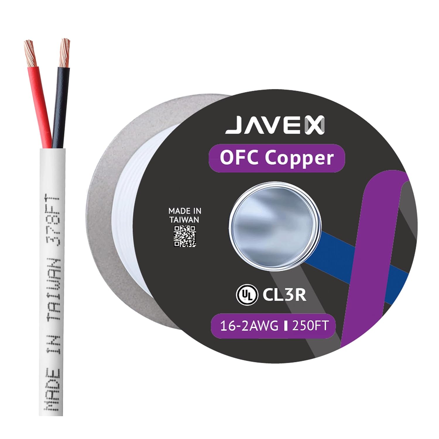 JAVEX 14/4 4 Conductor UL13 CL3R Speaker Wire (100 FT), 14-Gauge AWG Riser/in-Wall & Outdoor/In-Ground [Oxygen-Free Copper 99.9%] for Security, Control and Alarm System Installation, White