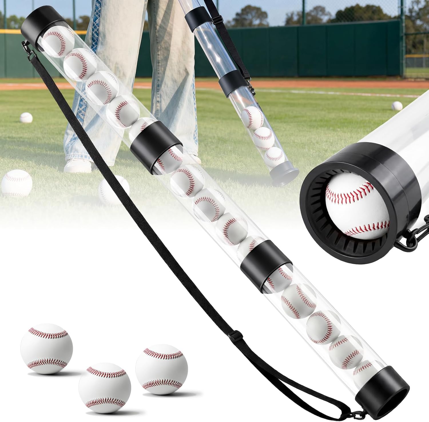 Shappy Baseball Pickup Tube Holds 14 Balls Collapsible Baseball Picker Upper Ball Holder with Shoulder Strap for Coaches, Parents and Teams, Three Section Design, Balls Not Included