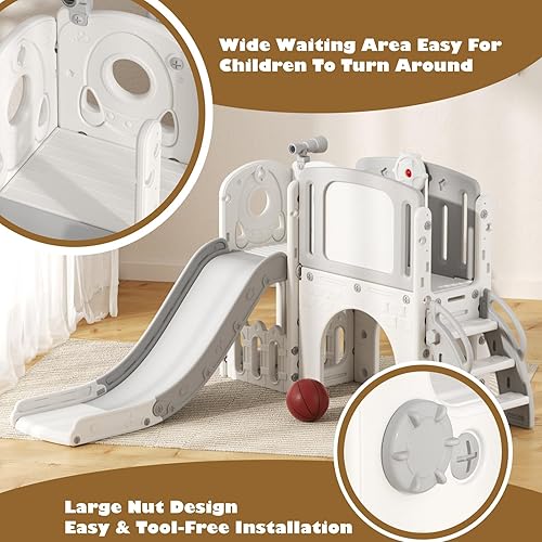 Miniatura 5 de Glaf Tobogán 9 en 1 para interiores y exteriores, toboganes para bebés de 1 a 3 años con aro de baloncesto escalador, tablero de dibujo y espacio de