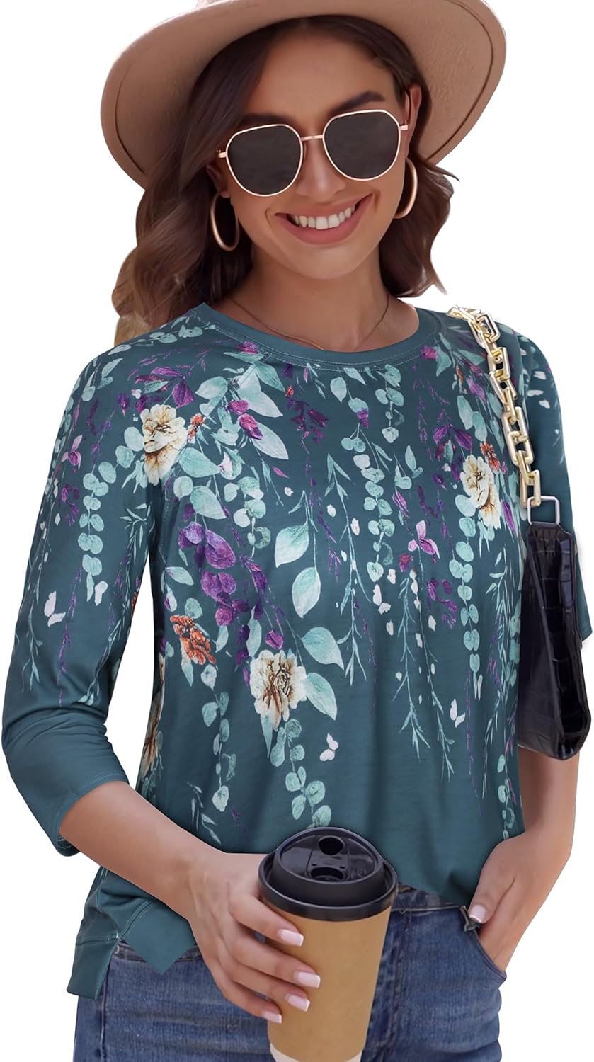 rosemia Womens Shirt 3/4 Sleeve Tops Crew Neck Spring Loose Casual Tshirts Basic Fall Tunic Tops - Image 2