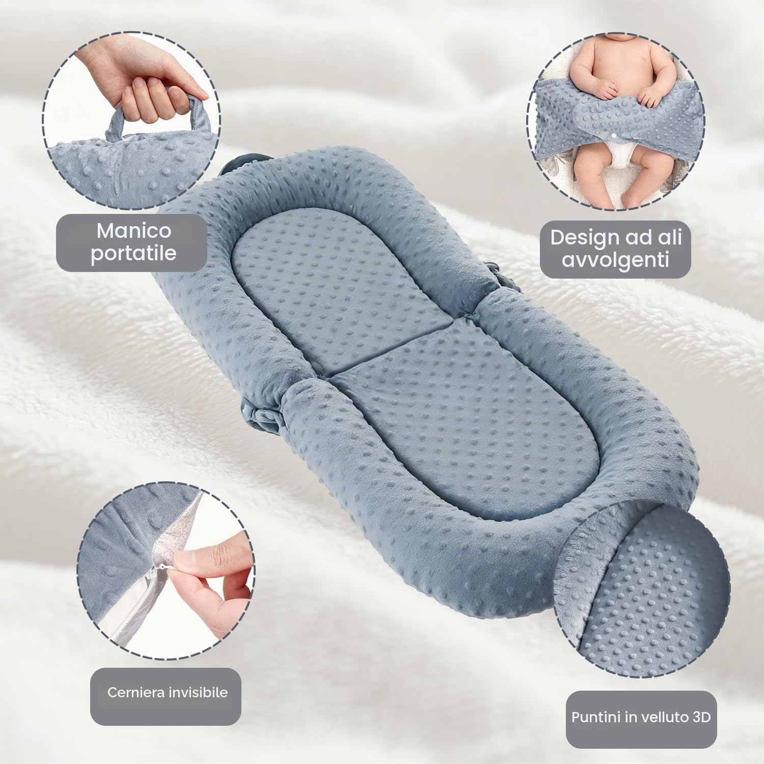 3 in 1 Baby Lounger, marsupio portatile per neonati, 0 – 24 mesi, cuscino pieghevole e supporto per seggiolino per bambini, fodera rimovibile in 100% cotone e velluto, double face, ideale