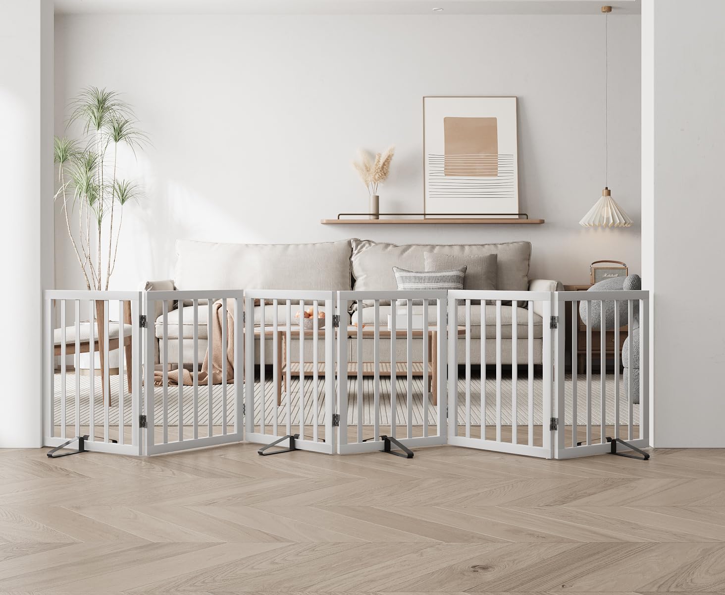 Semiocthome Puertas de madera para perros para la casa extra anchas, puertas independientes de 6 paneles para mascotas con 4 soportes de metal para puertas y escaleras, vallas plegables para perros de