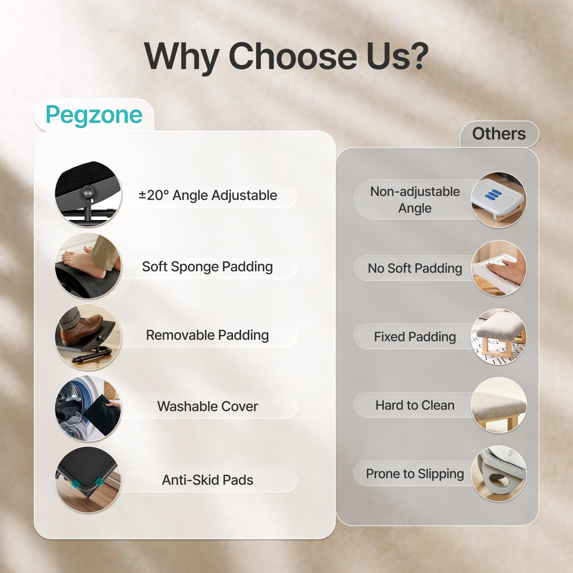 PEGZONE Ergonomischer Fußständer unter Schreibtisch, verstellbarer Fußständer mit abnehmbarem Memory Foam und rutschfestem Stahlbasis, waschbares Gehäuse, für Heimarbeit und Studium, Schwarz