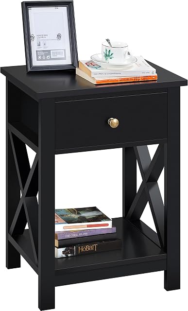 Yaheetech Black Side Table, Small Bedside Table with Drawer & Shelf Wooden Nightstand Bedside Cabinet End Table for Living Room & Bedroom Furniture, Easy Assembly