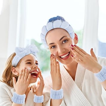 4 Pieces Spa Headband for Washing Face, Skincare Terry Cloth Headband Wristband Set,Elastic Hairbands Face Washing Wristband,Sponge Puffy Makeup Headbands for Women Girls Shower,Sports,Yoga(Blue)